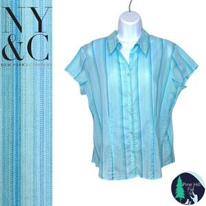 New York & Company Button-up Shirt Womens Large Blue Yellow Striped 100% Cotton